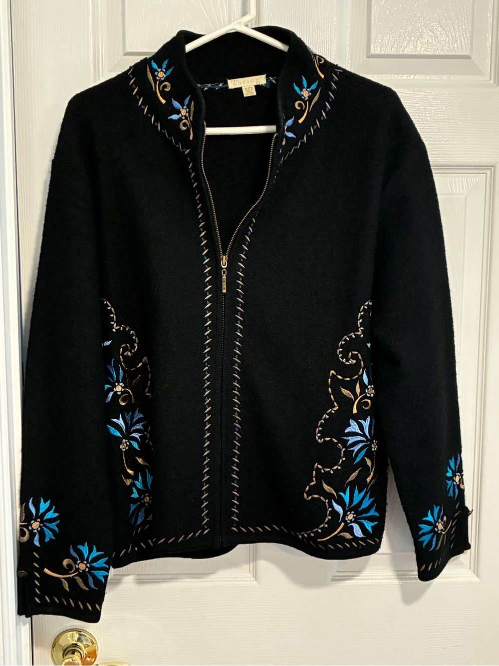 Embroidered Black Zip-Front Cardigan with Blue Floral Accents